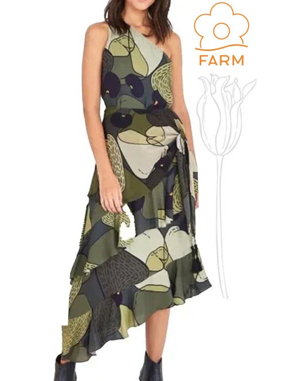 FARM RIO Military Cashew One Shoulder Dress